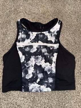 Betsey Johnson Performance Black and White Floral Print High Neck Sports Bra